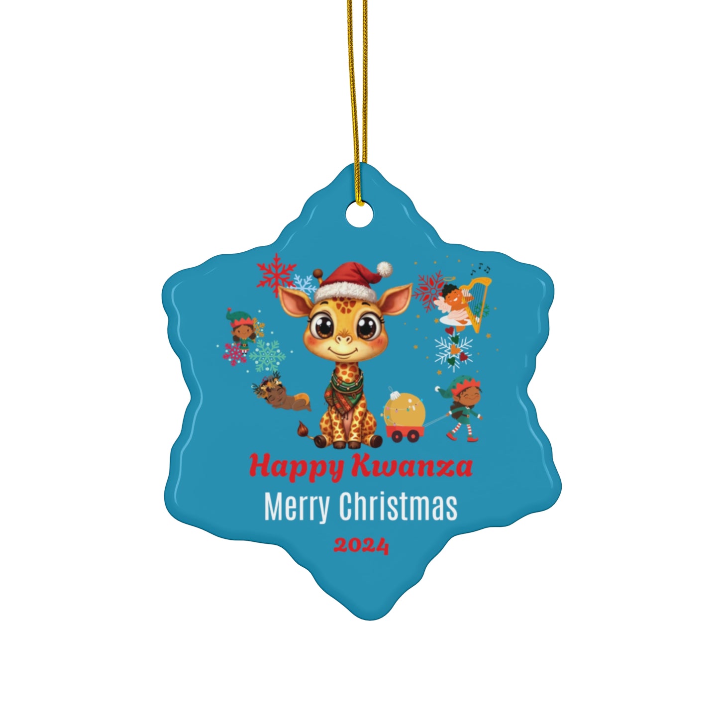 Happy Kwanzaa, Merry Christmas Baby Giraffe Turquoise Ceramic Ornament