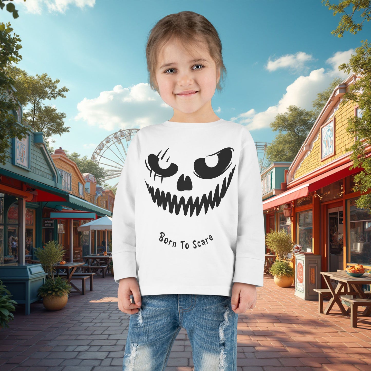 Toddler's Born To Scare MonsterFace Halloween Long Sleeve T-shirt